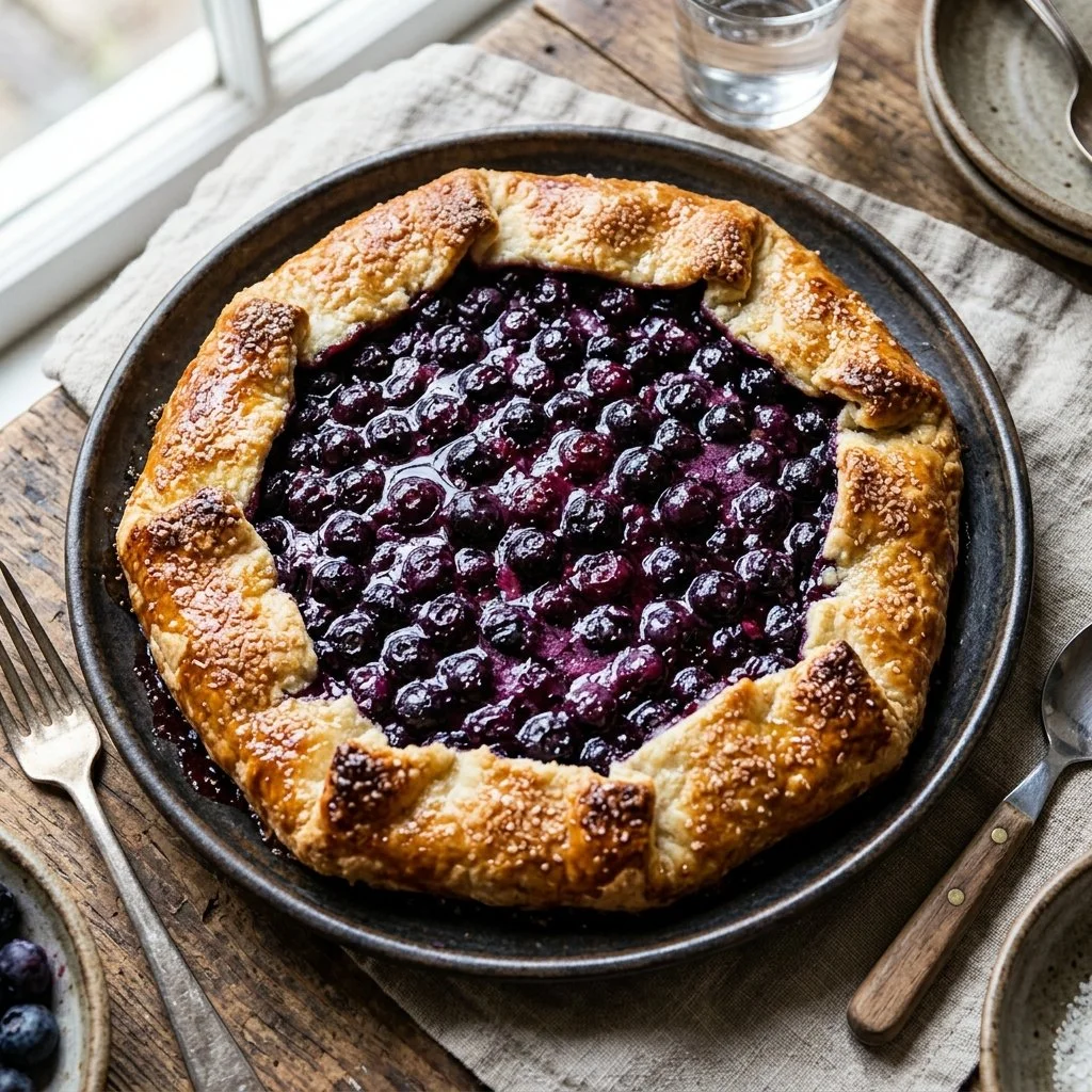 Delicious homemade blueberry galette with fresh blueberries and golden crust