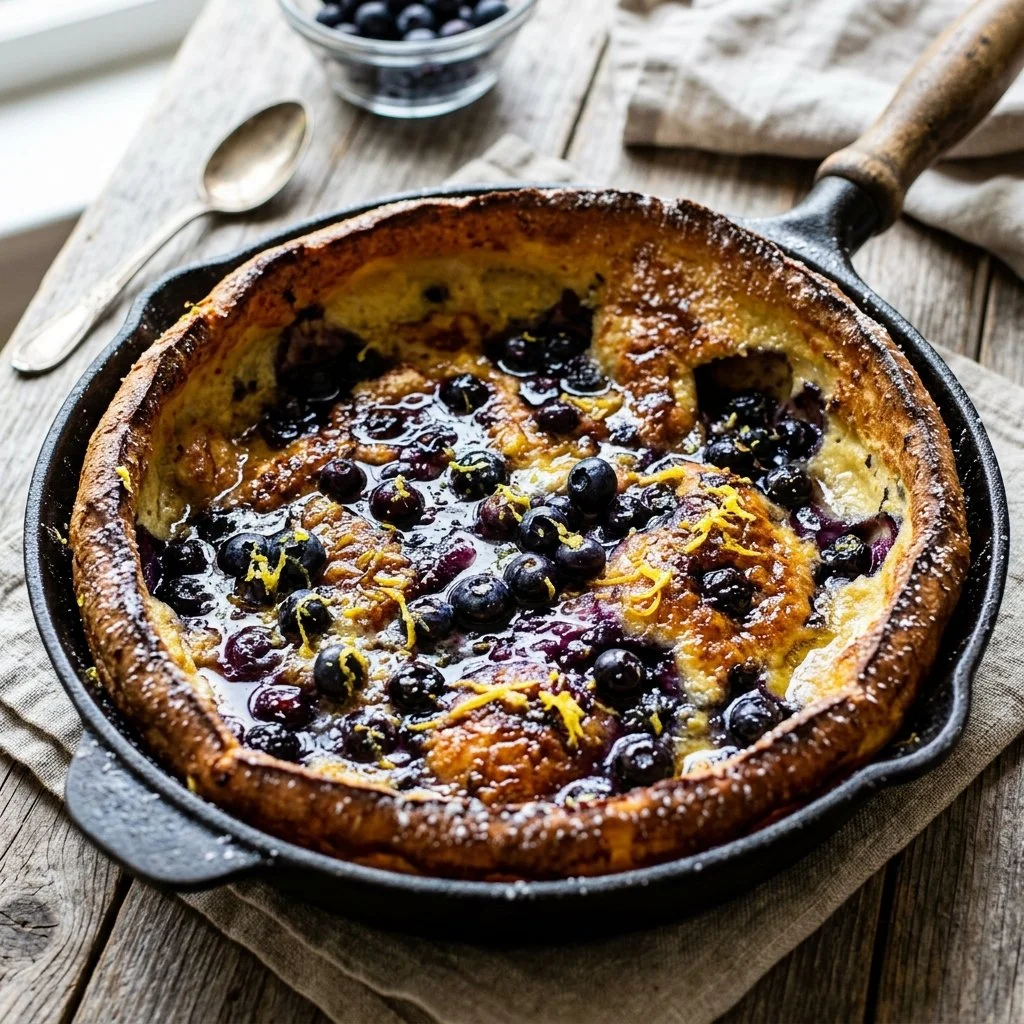 Fluffy Blueberry Lemon Dutch Baby served with fresh blueberries and lemon zest