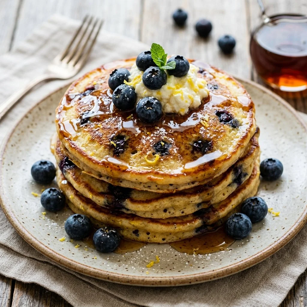 Blueberry lemon ricotta pancakes stacked on a plate, garnished with fresh blueberries