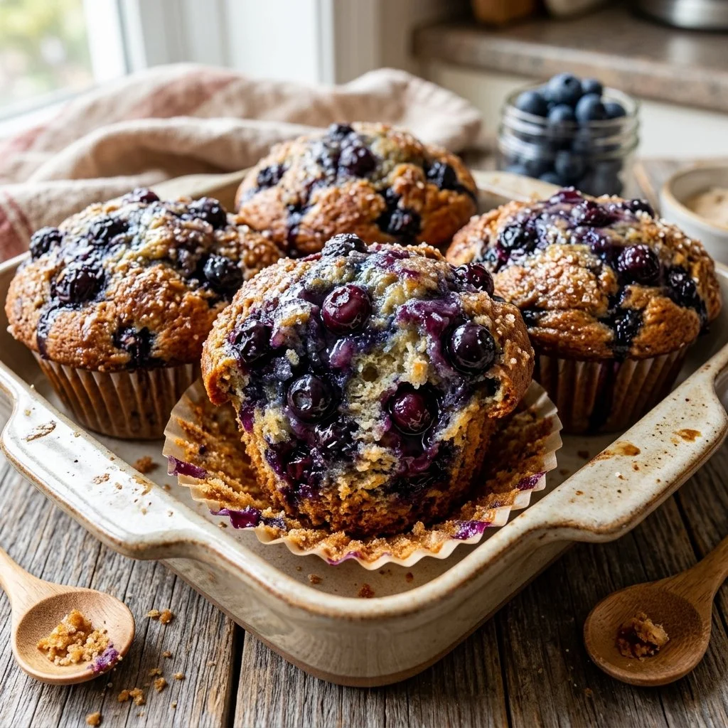 Freshly baked blueberry muffins on a rustic wooden table