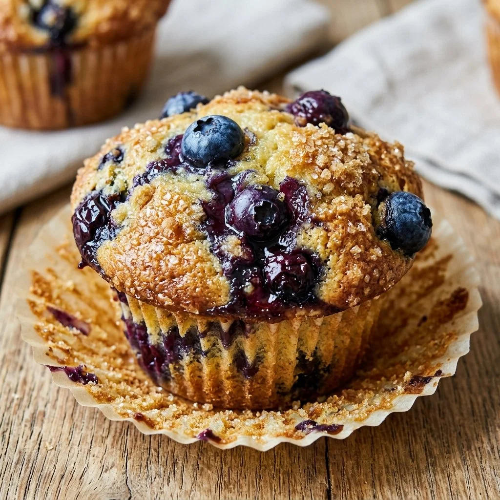 Freshly baked blueberry muffins with plump blueberries on a wooden table.