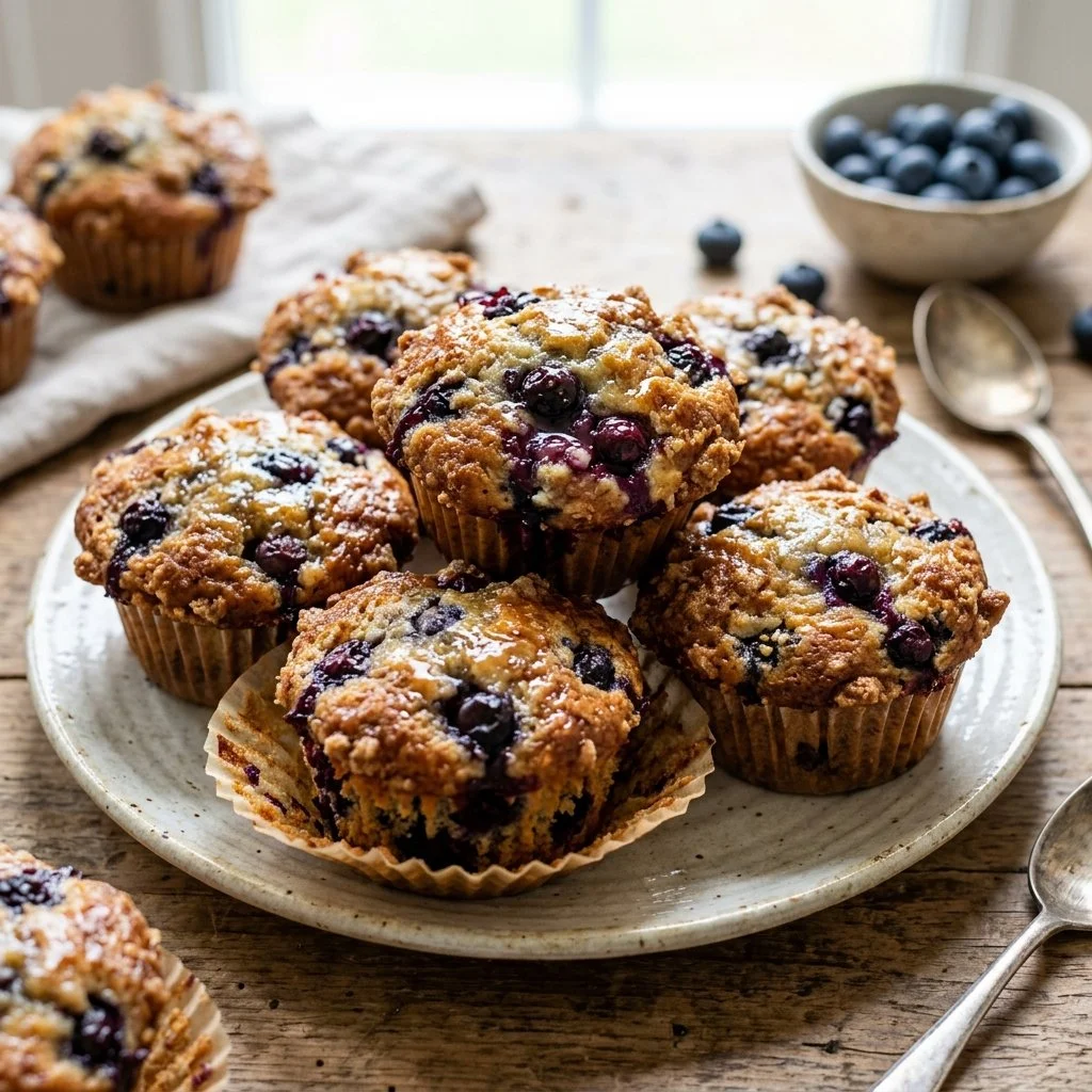 Freshly baked blueberry muffins cooling on a wire rack