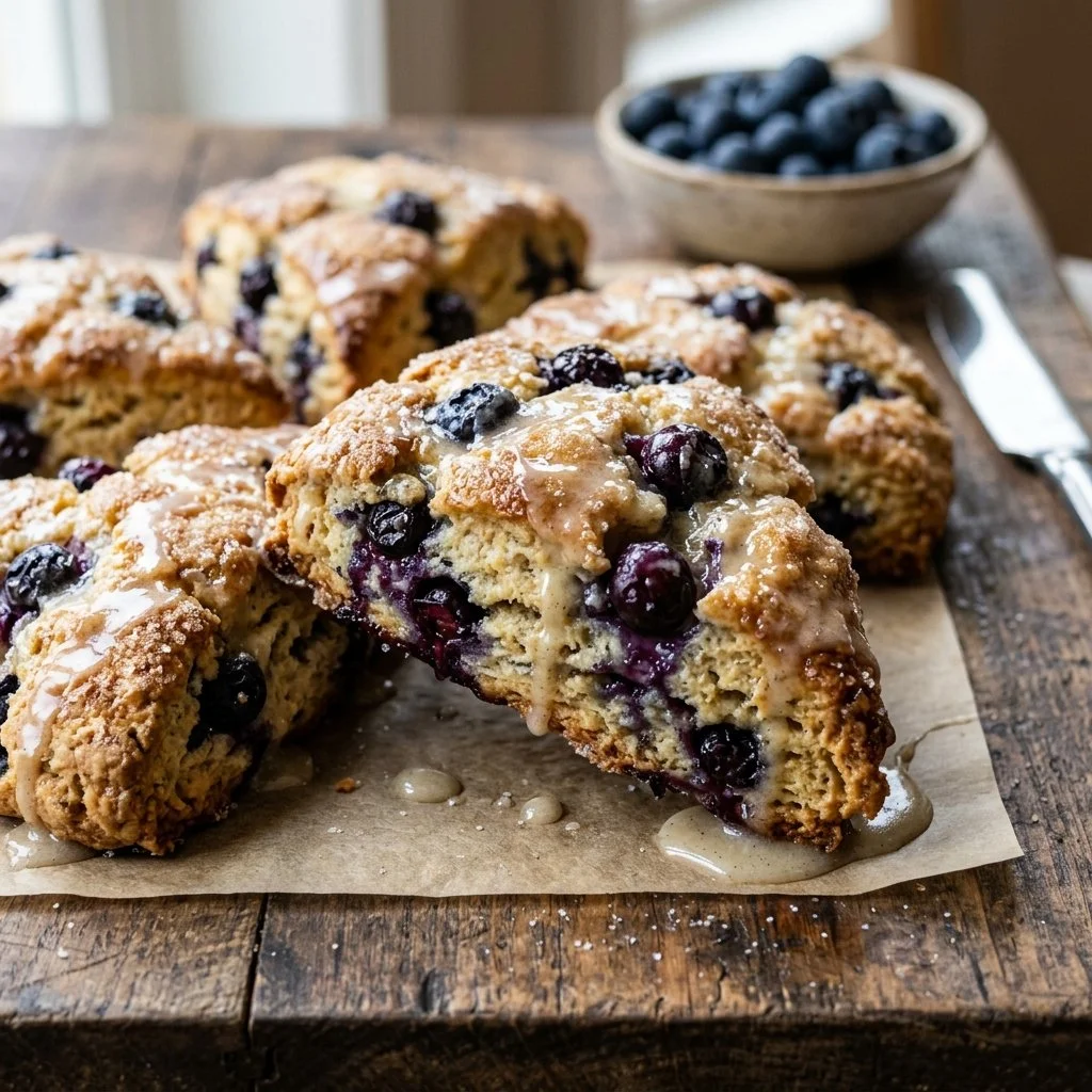 Freshly baked blueberry scones with juicy blueberries and a golden crust