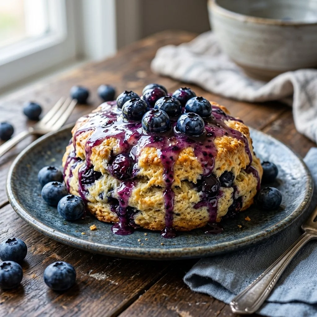 Freshly baked blueberry scones served on a plate with a napkin