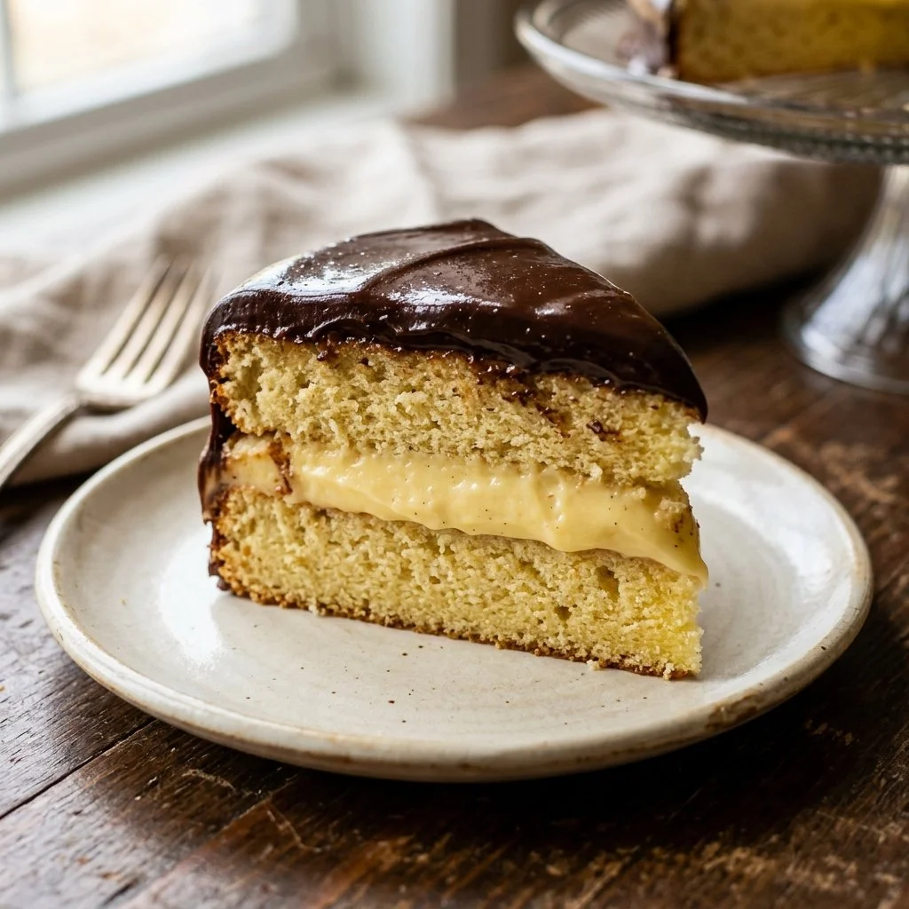 Delicious slice of Boston Cream Pie with custard filling and chocolate glaze