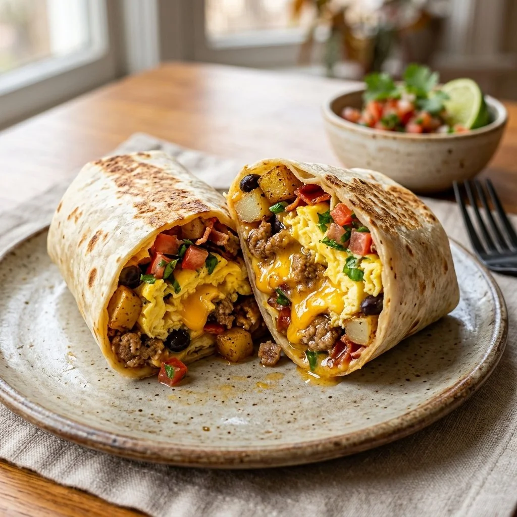 Delicious homemade breakfast burritos filled with eggs and veggies