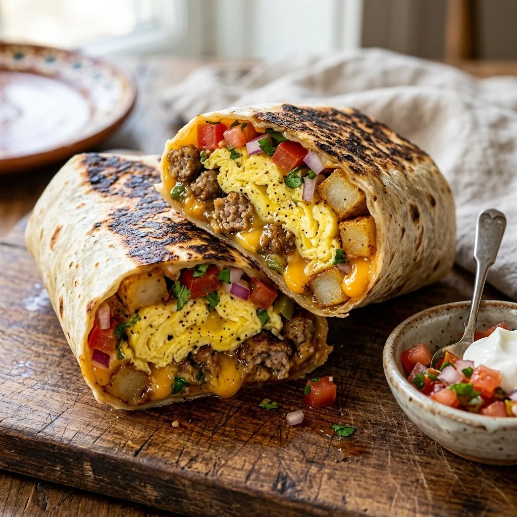 Delicious breakfast burritos filled with eggs, cheese, and vegetables.