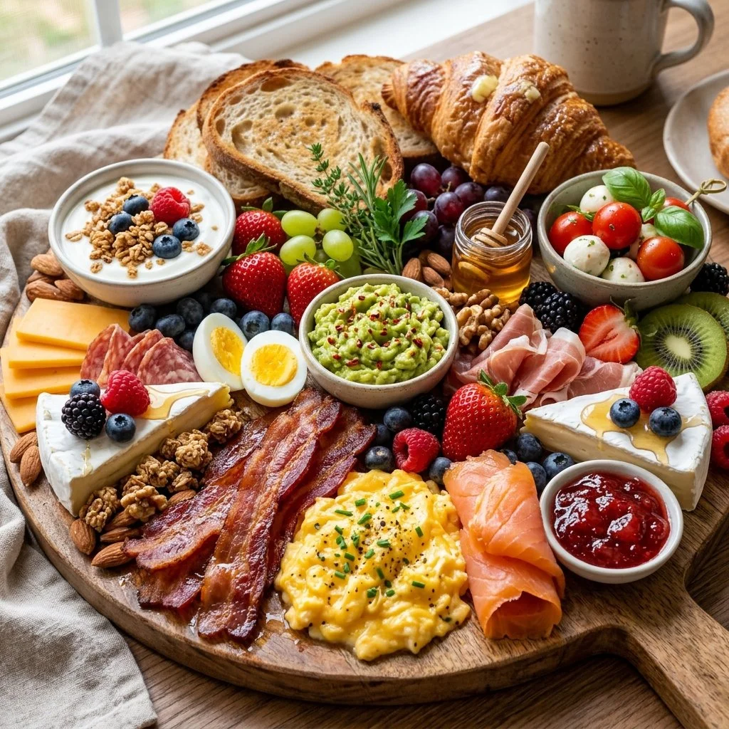 Colorful breakfast charcuterie board with meats, cheeses, and fruits.