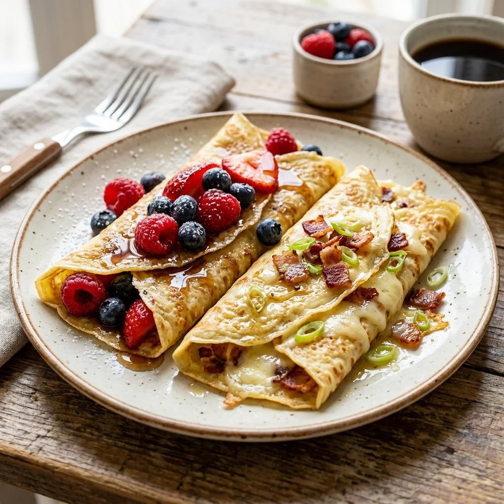 Delicious breakfast crepes filled with fresh fruits and toppings