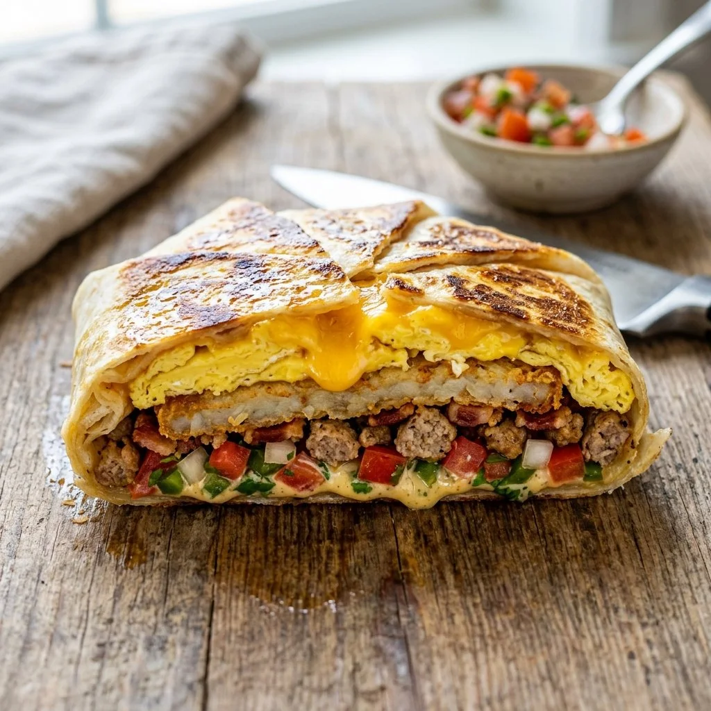 Delicious Breakfast Crunchwrap filled with eggs and cheese on a plate