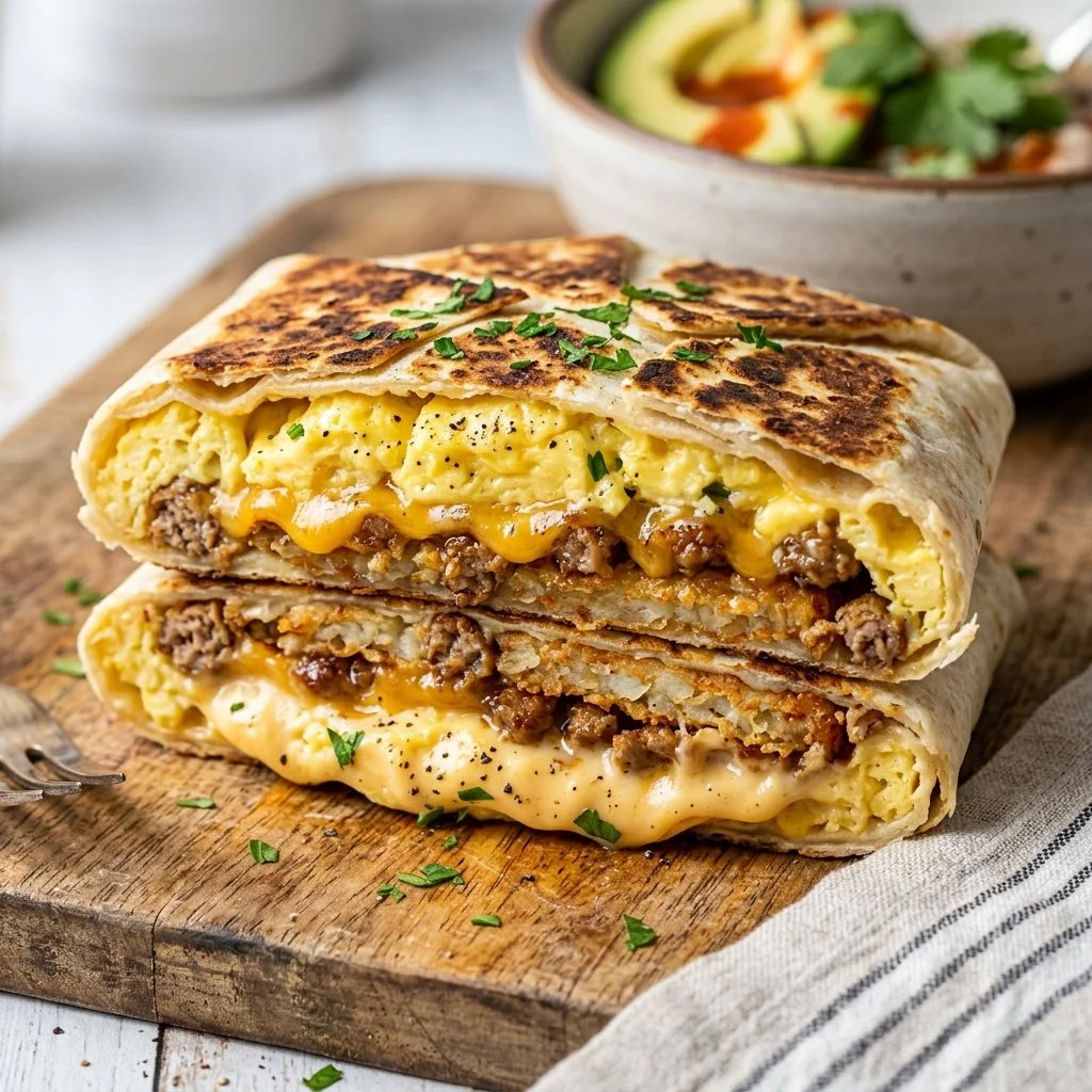 Homemade Breakfast Crunchwrap on a plate with fresh ingredients
