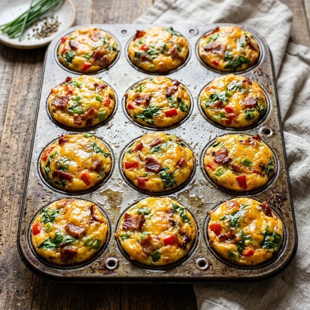 Delicious breakfast egg muffins topped with vegetables and cheese