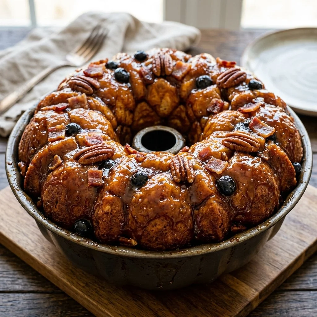 Freshly baked Breakfast Monkey Bread served with a drizzle of icing.