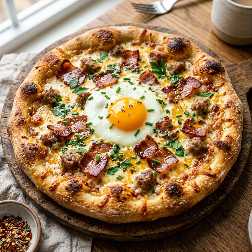 Delicious breakfast pizza topped with eggs, cheese, and fresh ingredients