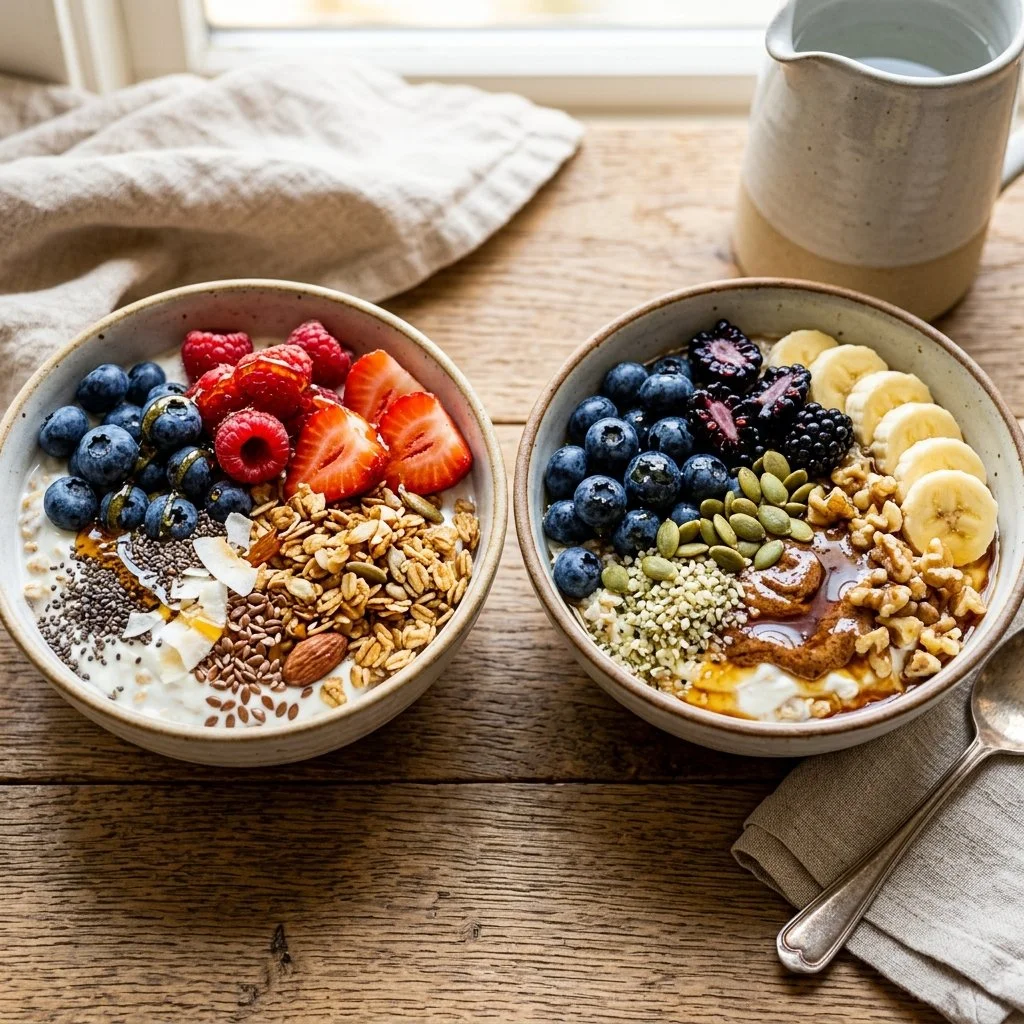 A colorful breakfast power bowl filled with nutritious ingredients