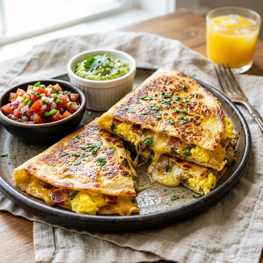 Delicious breakfast quesadillas filled with eggs, cheese, and fresh toppings.