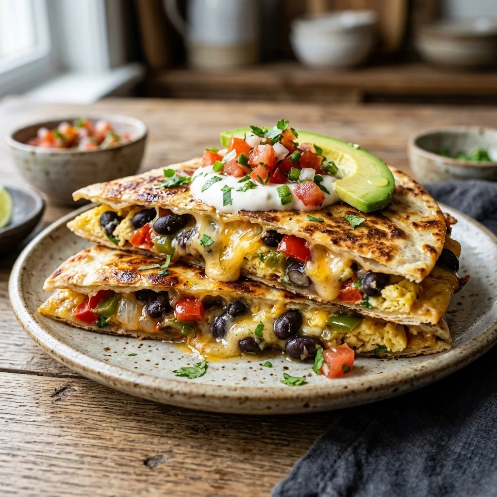 Delicious breakfast quesadillas with black beans, cheese, and eggs.