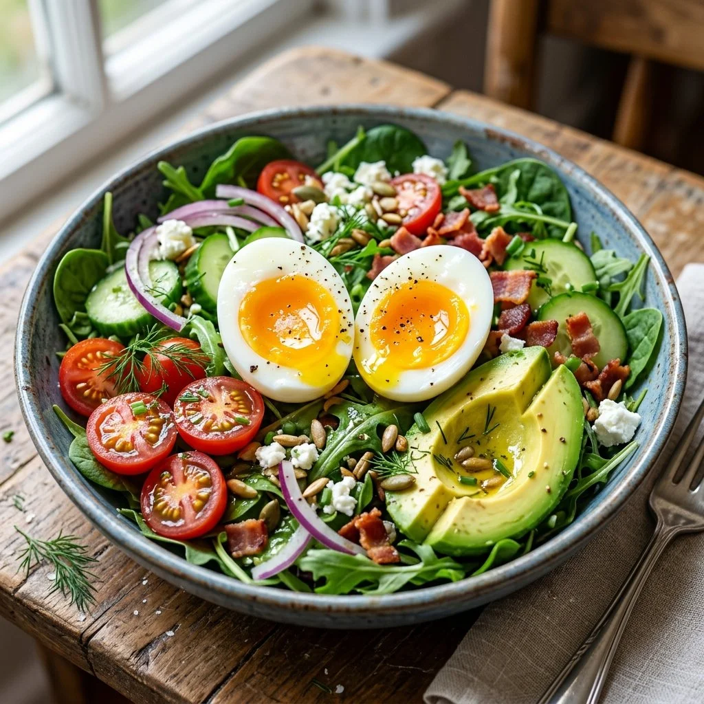 Delicious breakfast salad with eggs, fresh greens, and vibrant vegetables