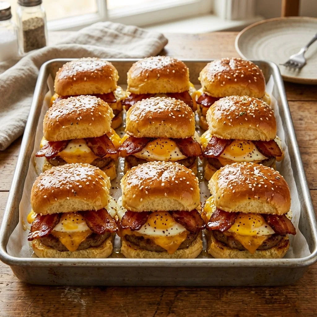Tasty breakfast sliders with eggs, cheese, and sausage on a platter
