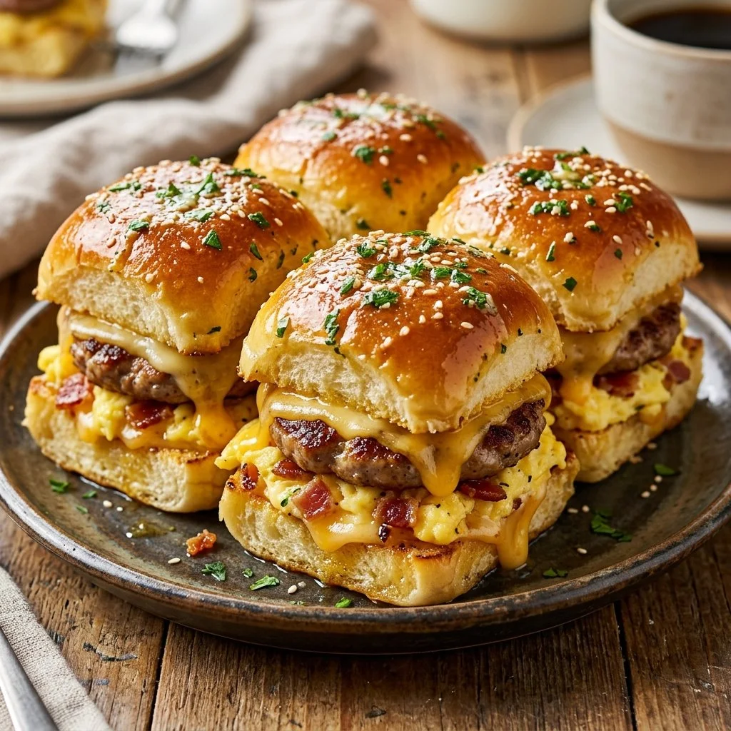 Delicious breakfast sliders made with Hawaiian rolls on a serving platter
