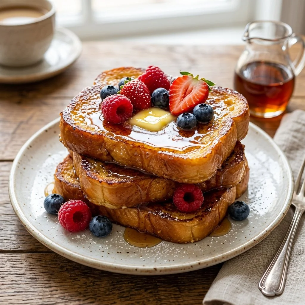Deliciously golden Brioche French Toast topped with fresh berries and syrup