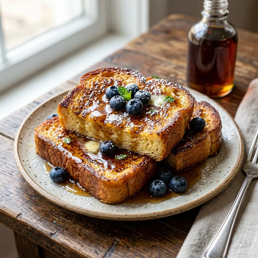 Deliciously prepared Brioche French Toast topped with strawberries and syrup