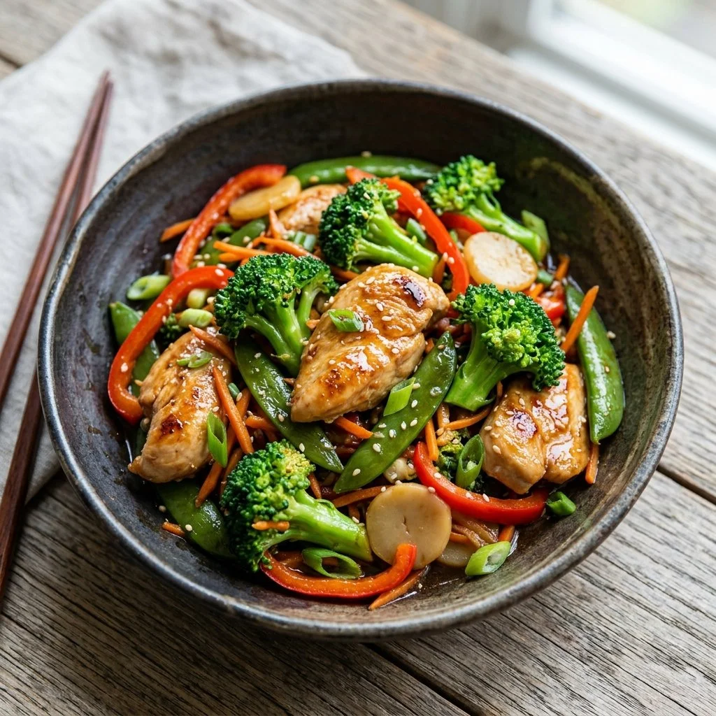 Delicious Broccoli Chicken Stir Fry served in a bowl with colorful vegetables.