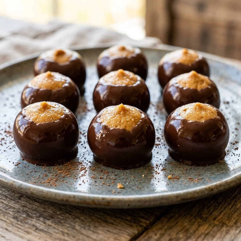 Delicious homemade Buckeye Balls coated in chocolate.