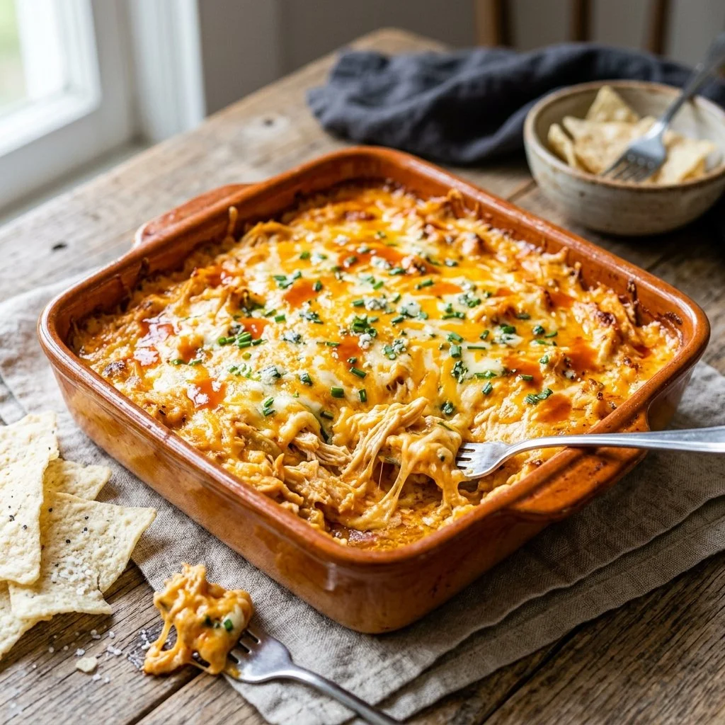 Creamy Buffalo Chicken Dip served in a bowl with celery and tortilla chips