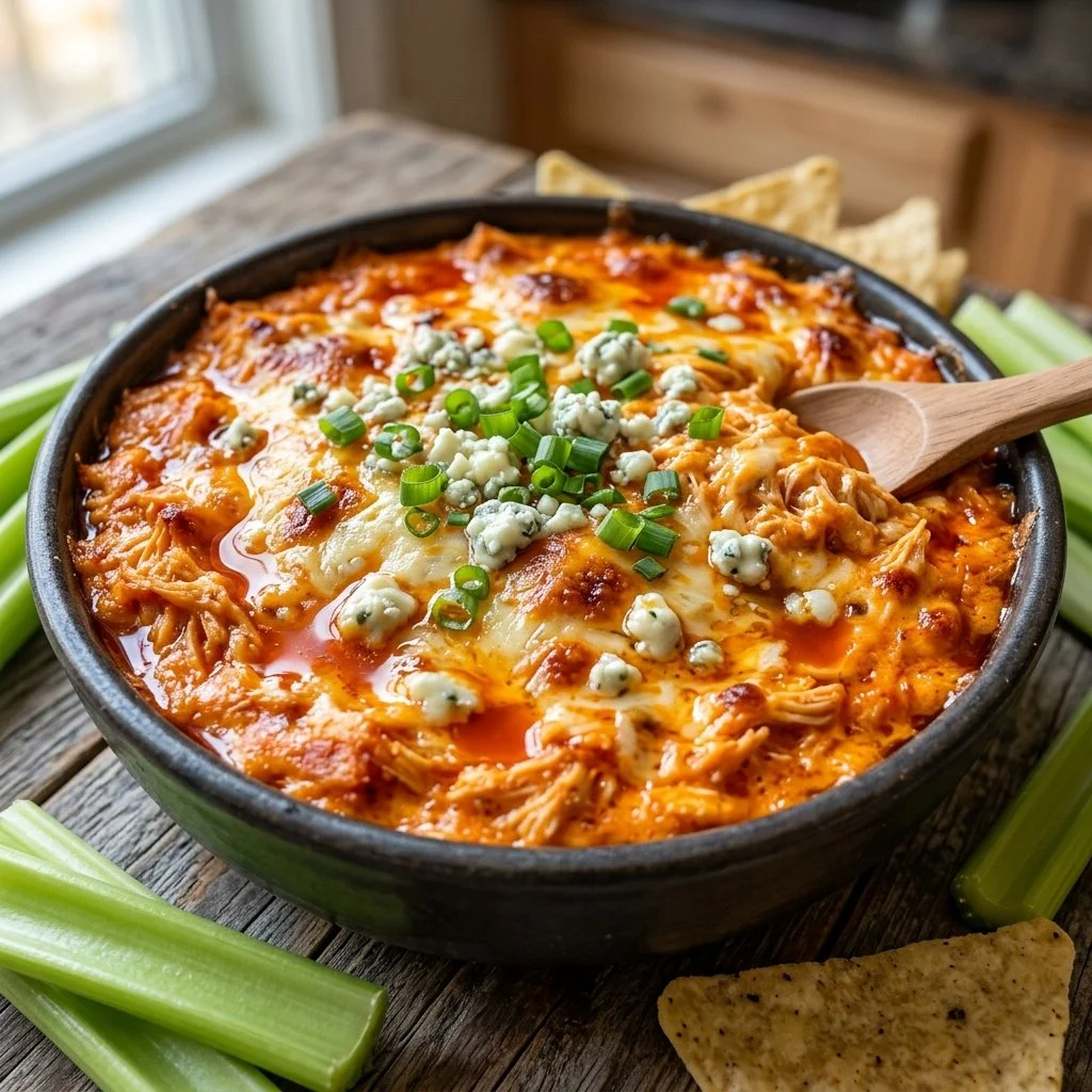 Delicious Buffalo Chicken Dip served in a bowl with chips
