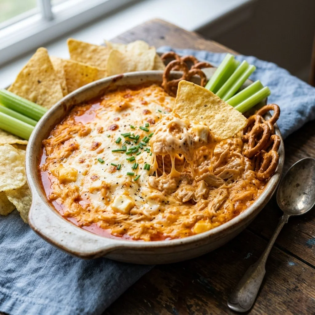 Bowl of delicious Buffalo Chicken Dip served with chips
