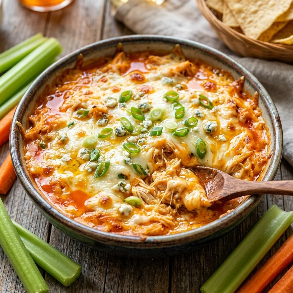 Delicious Buffalo Chicken Dip served in a bowl with tortilla chips
