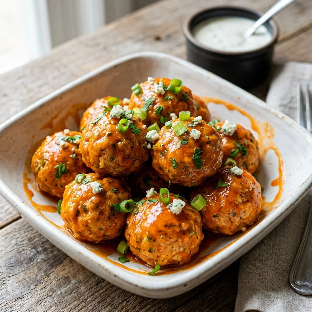 Plate of spicy Buffalo Chicken Meatballs garnished with celery and sauce