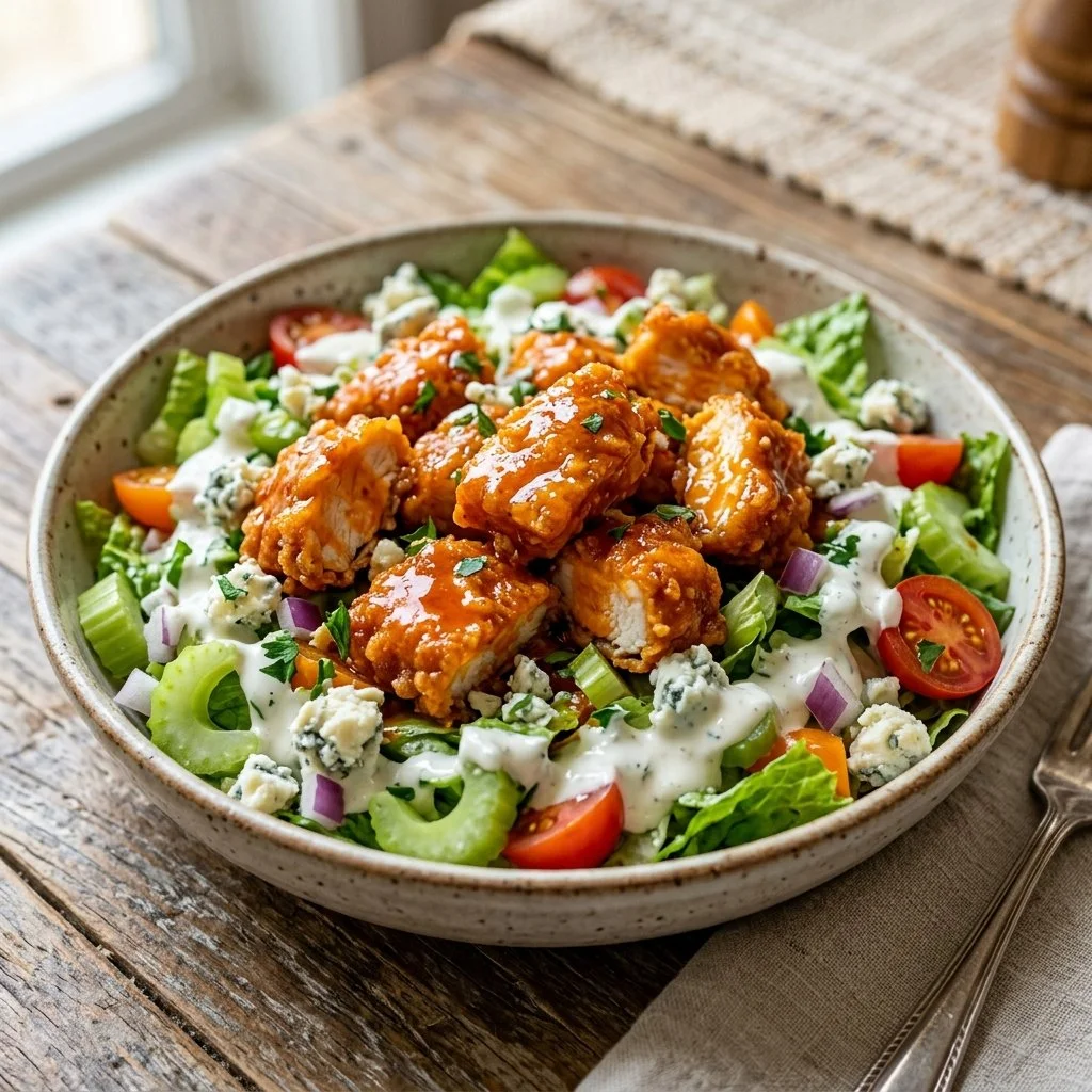 Plate of spicy Buffalo Chicken Salad with vibrant greens and toppings