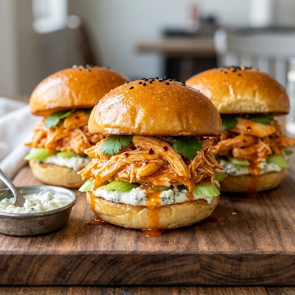 Delicious Buffalo Chicken Sliders served on a wooden platter