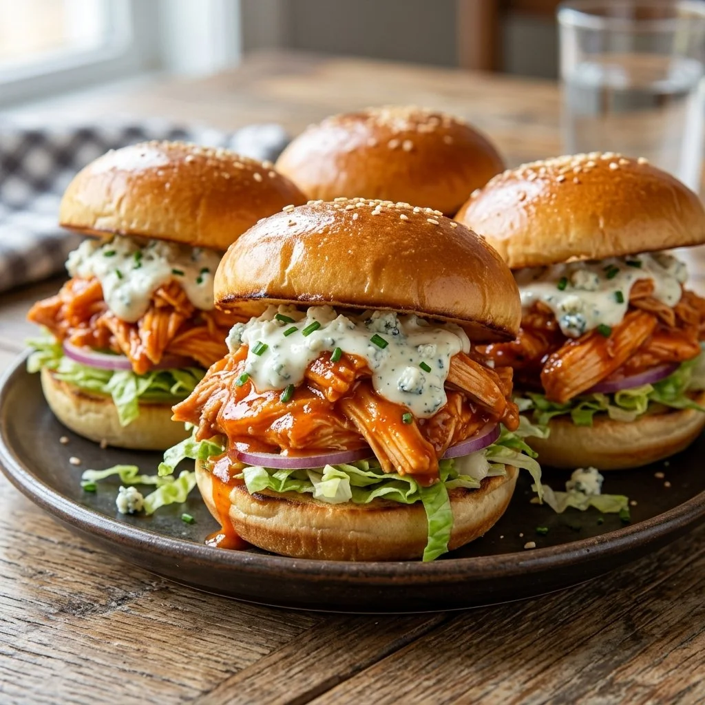 Buffalo chicken sliders served on a plate with dipping sauce and veggies