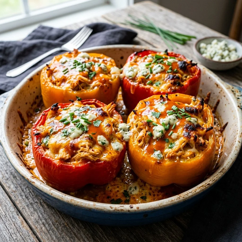 Buffalo Chicken Stuffed Peppers with melted cheese and vibrant peppers