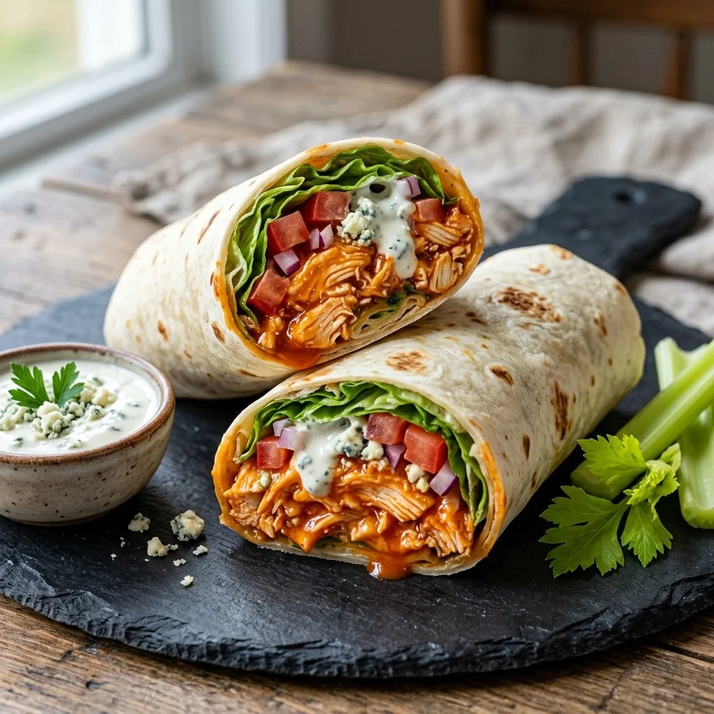 Delicious buffalo chicken wraps with fresh ingredients and spicy sauce