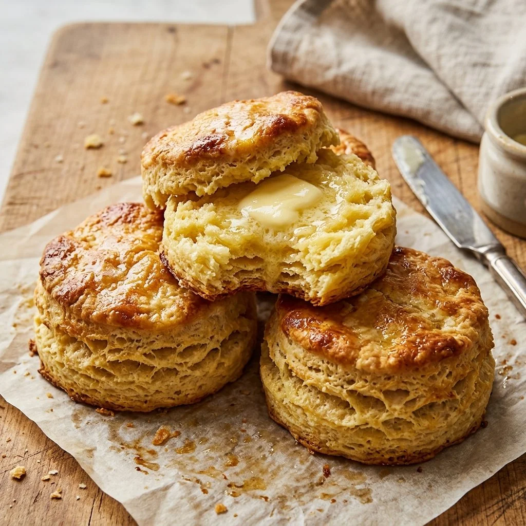 Freshly baked buttermilk biscuits on a wooden table