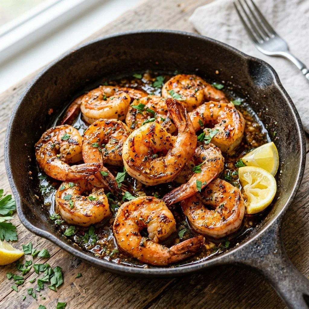 A delicious plate of Cajun Butter Shrimp garnished with herbs