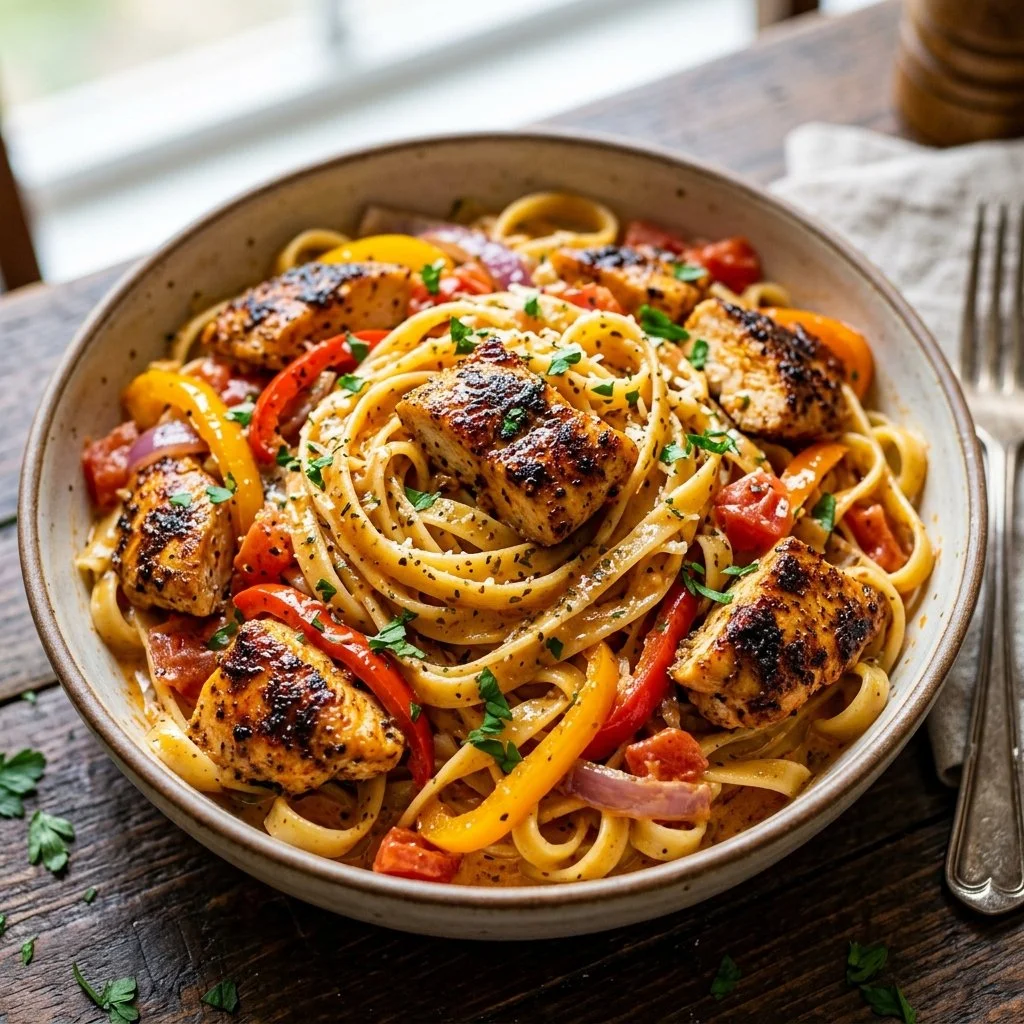 Creamy Cajun Chicken Pasta with spices and vegetables