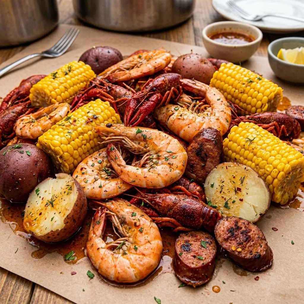 A delicious Cajun Shrimp Boil with spices, shrimp, potatoes, and corn in a festive setting.