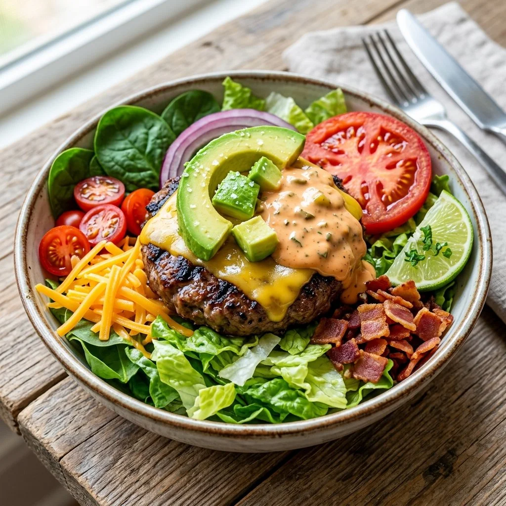 Delicious California burger bowls with fresh ingredients and toppings