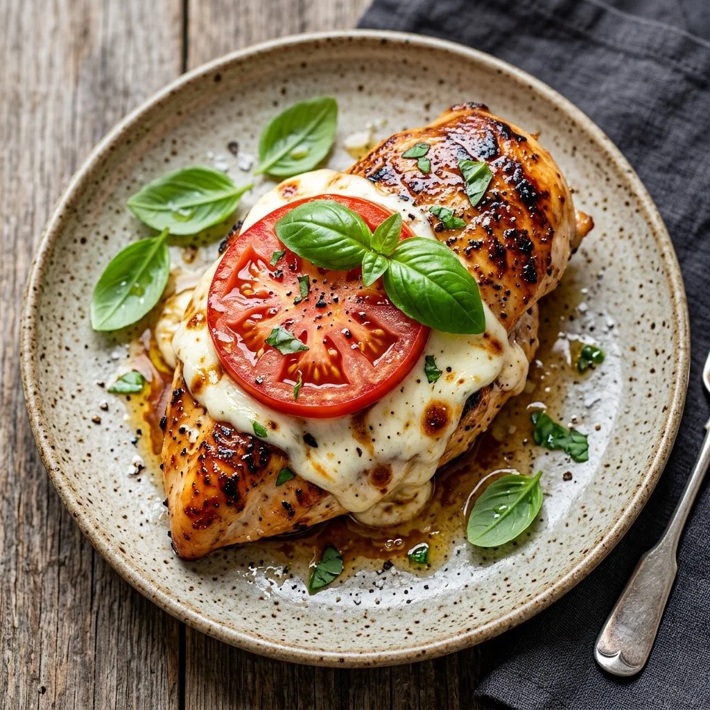 Juicy Caprese Chicken Breast topped with mozzarella, tomatoes, and basil
