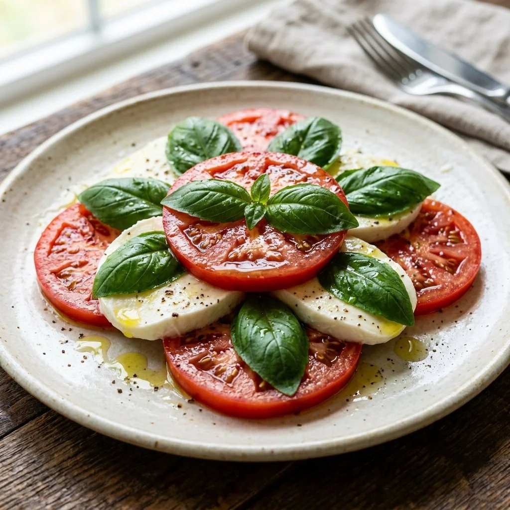 Fresh Caprese Salad with mozzarella, tomatoes, and basil on a plate.