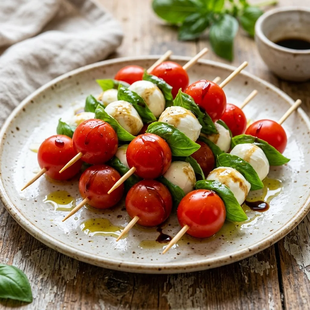 Colorful Caprese Skewers with mozzarella, cherry tomatoes, and basil leaves.