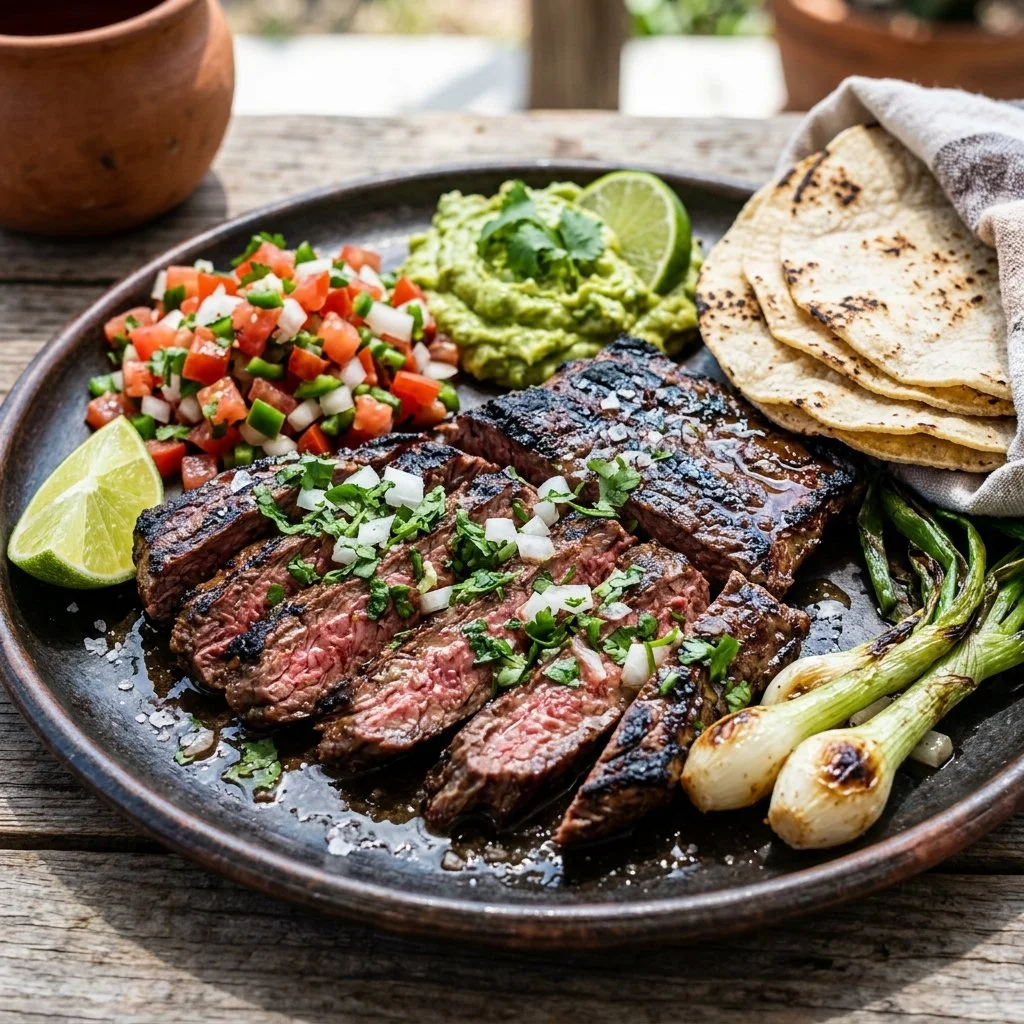 Grilled Carne Asada served with fresh toppings and sides