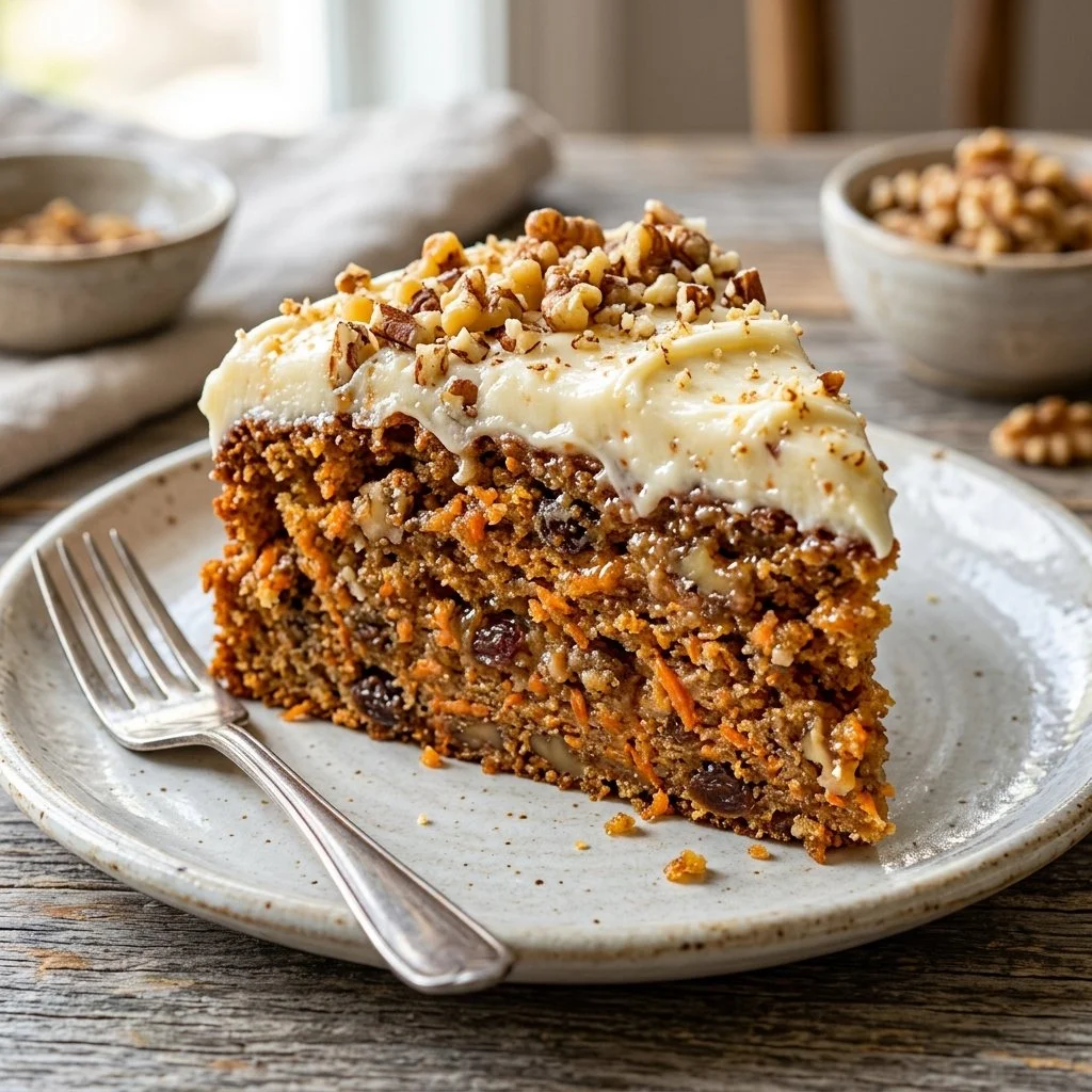 Deliciously moist carrot cake with cream cheese frosting and walnuts