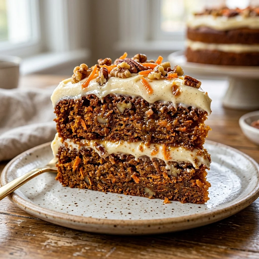Homemade carrot cake topped with cream cheese frosting and walnuts.