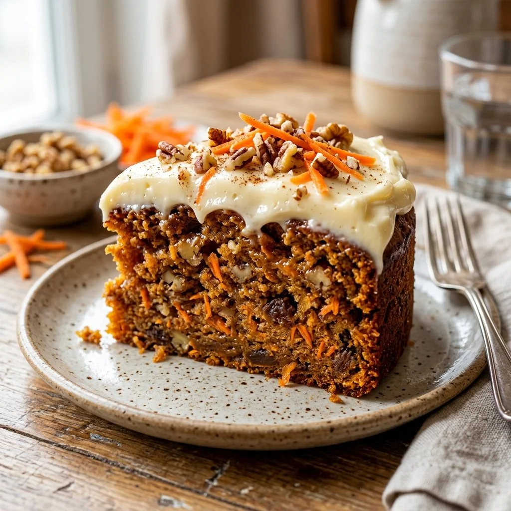 Delicious homemade carrot cake topped with cream cheese frosting and nuts